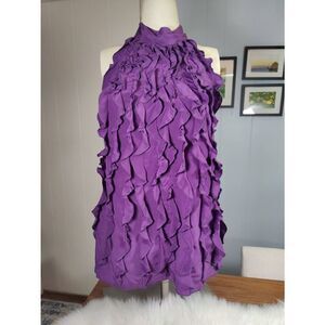 BCBG Maxazria 100% silk ruffled sleeveless violet blouse with polyester lining,